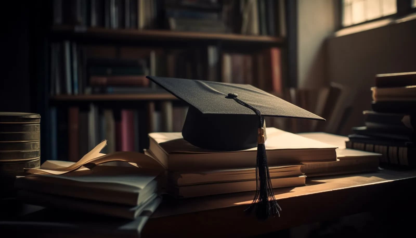 Capelo de formatura sobre livros
